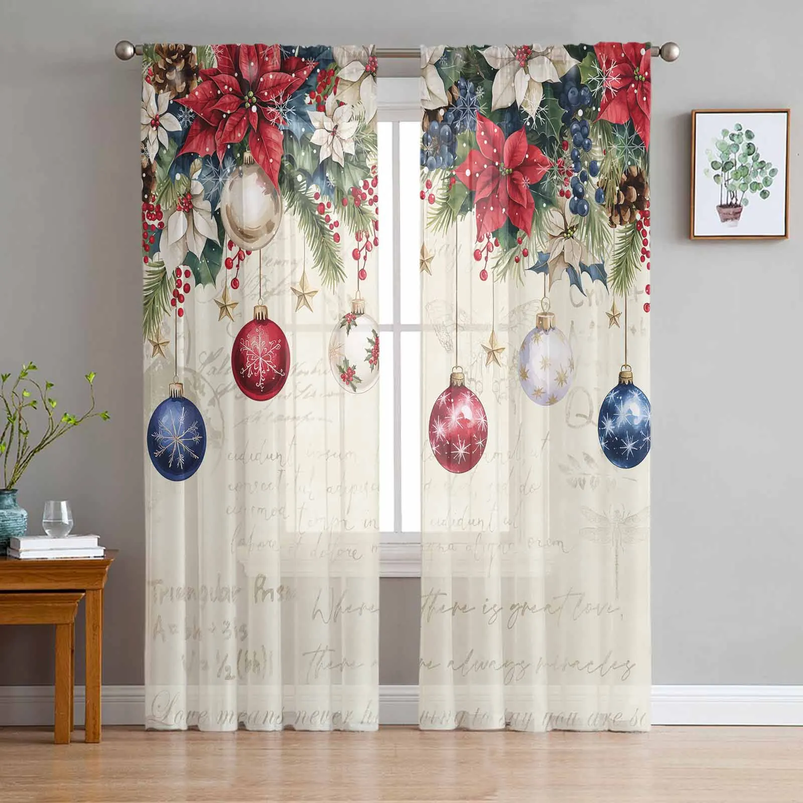 Bola de Navidad copos de nieve Poinsettia cortinas transparentes para decoración de sala de estar cortinas de ventana cocina cortinas de gasa de tul