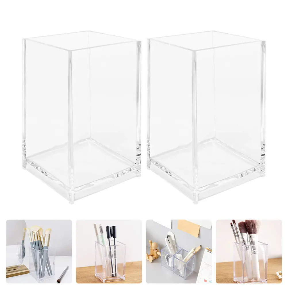 2Pcs Lightweight Acrylic Pen Holder Clear Multi Functional Desk Organizer for Pens Pencils Makeup Brushes Stationery Sundries