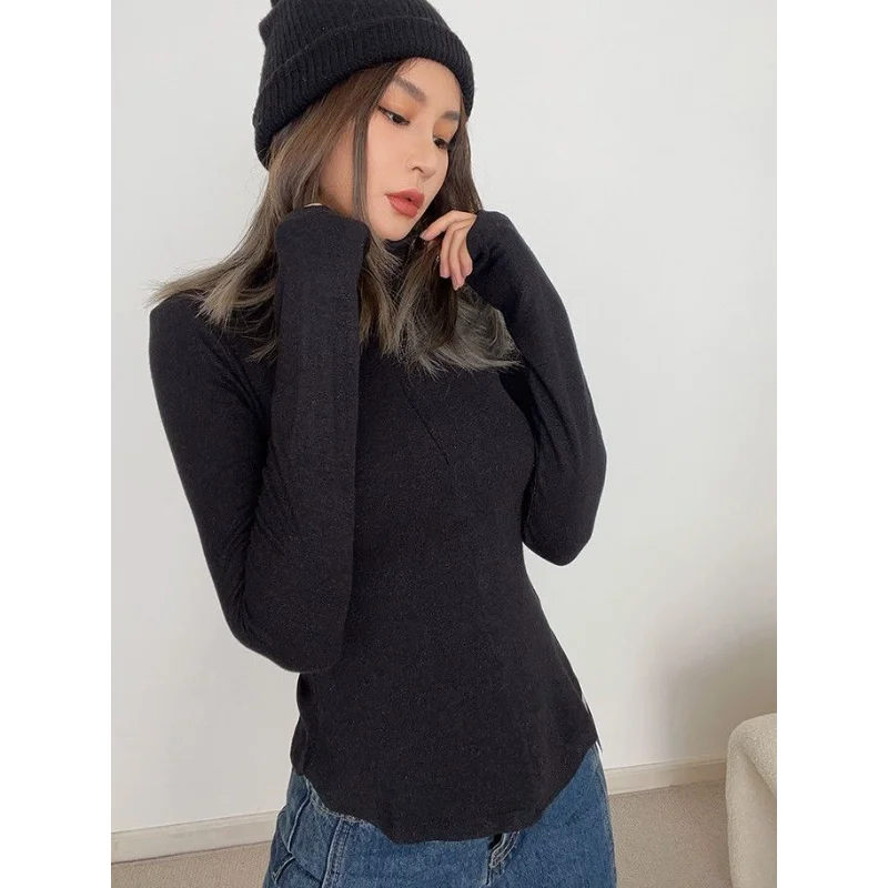 

Simple Temperament Polo Collar Zippered Long-sleeved Slim Bottoming Brushed Hot Girl Top