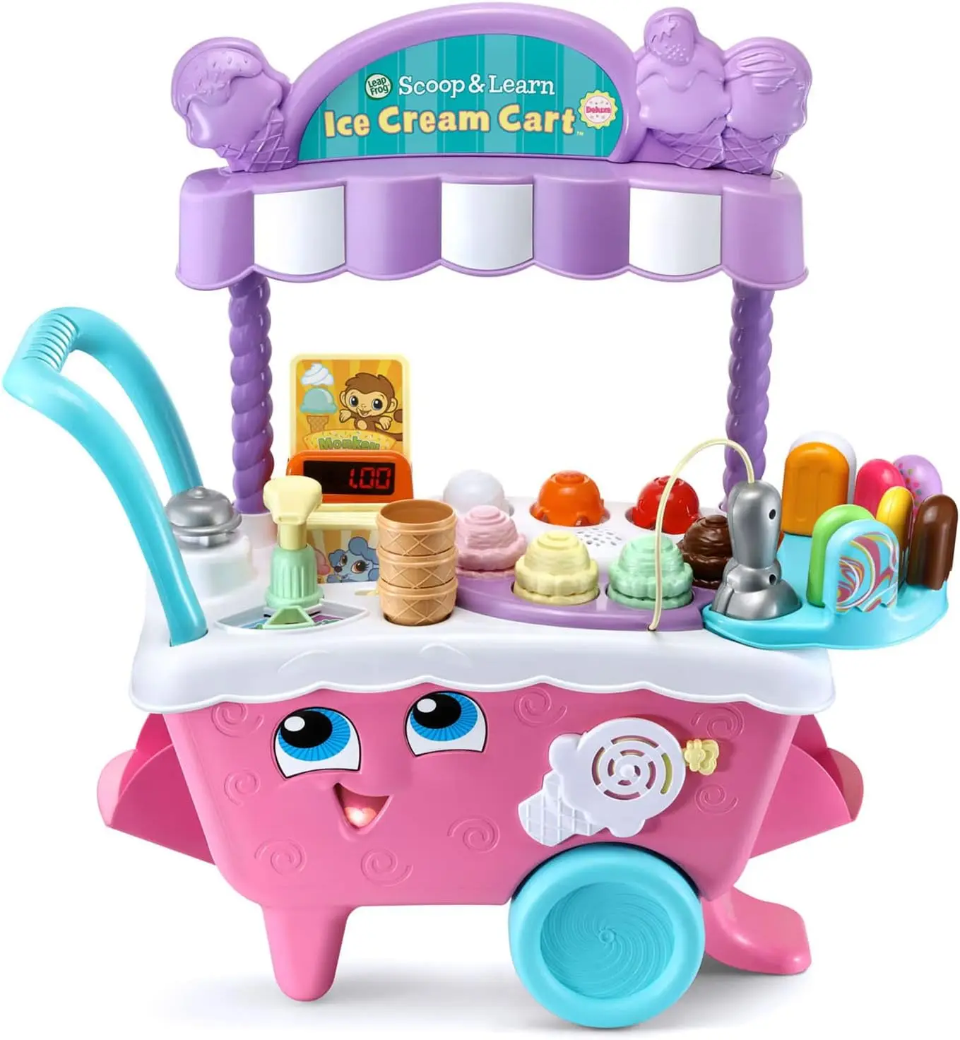 Interactive Ice Cream Cart Toy for Kids Ages 2+, Learning Play Set with Scooper, Music & Order Cards