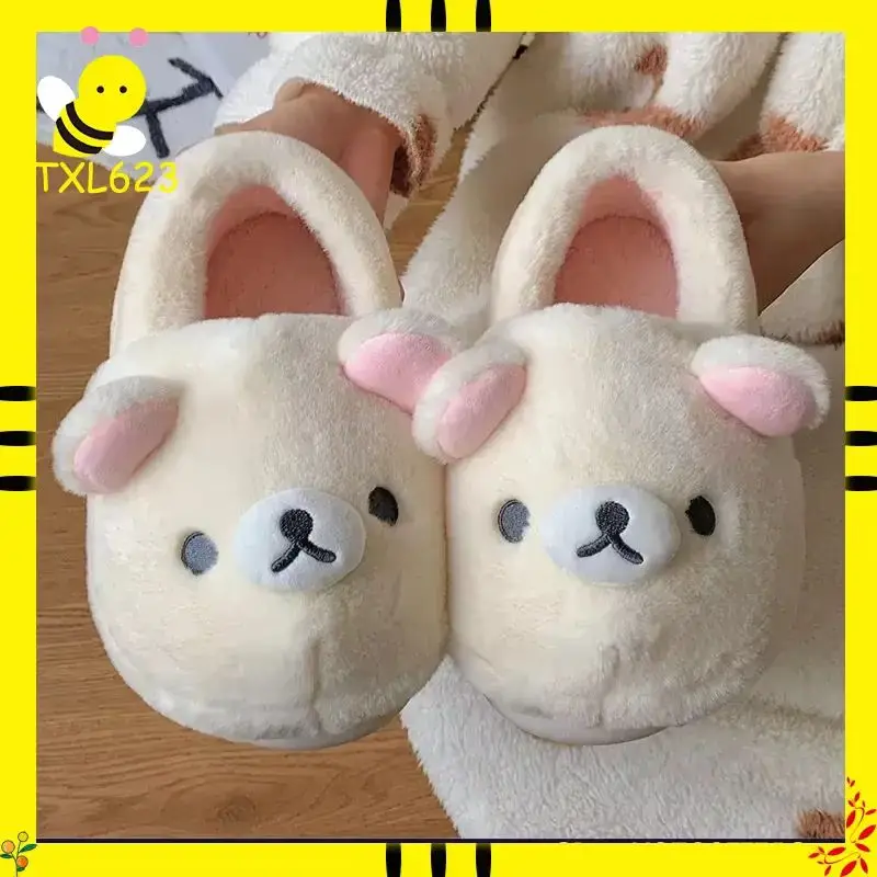 Zapatillas de algodón Kawaii Bear Rilakkuma, bonitas zapatillas planas con punta cerrada para hombres y mujeres, zapatos de invierno con dibujos animados para el hogar, calzado para parejas