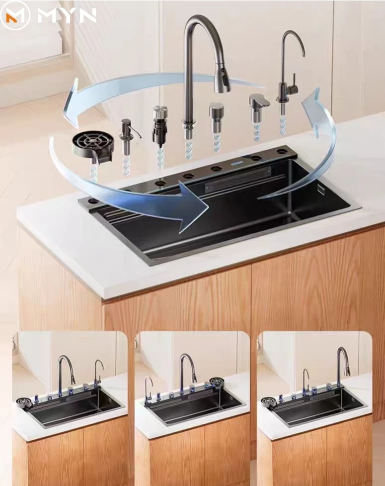 DIY Accessories 5mm Thick 30 32 Waterfall Black Bionic Honeycomb 304 Stainless Steel Digital Kitchen Sink