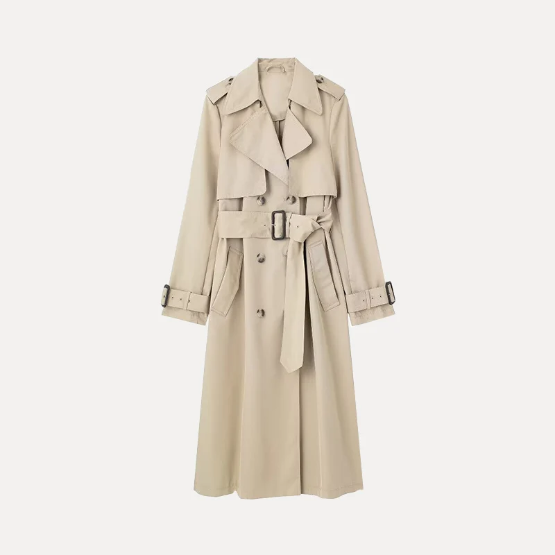 Spring 2025 Women's Classic Long Coat with Belt Fashionable Versatile Street Style Regular Thickness Polyester Fiber