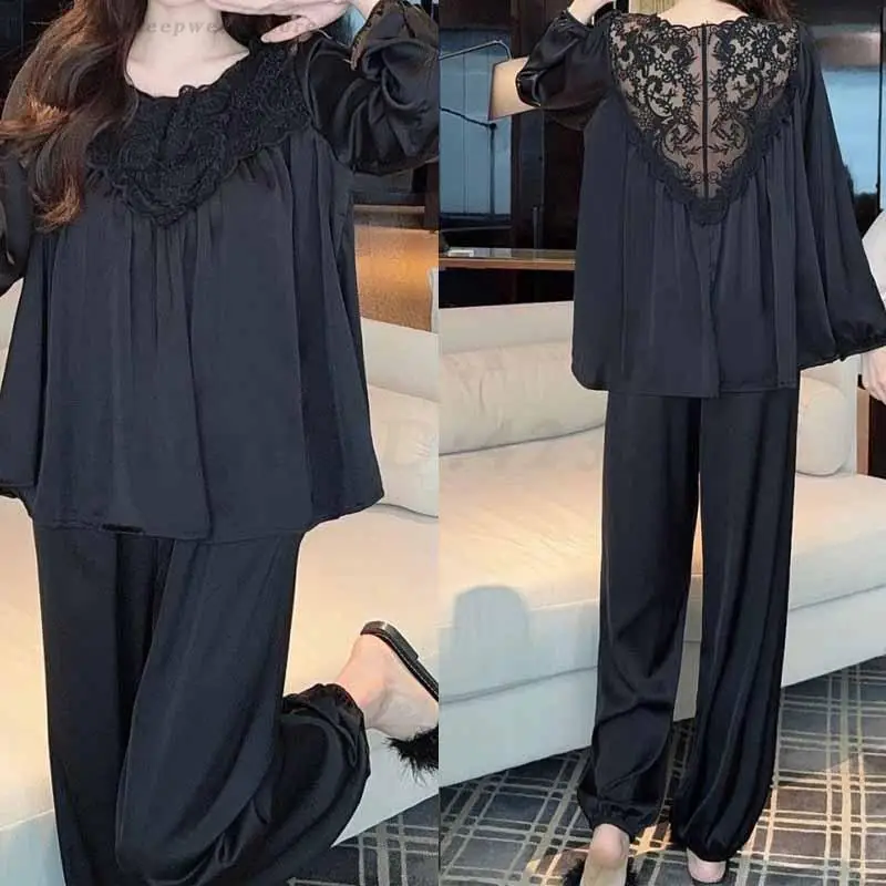 

Новая весенняя женская пижама из ледяного шелка с пышными рукавами и кружевом, нежный стиль, комплект из 2 предметов: рубашка и брюки, домашняя одежда, ночная сорочка