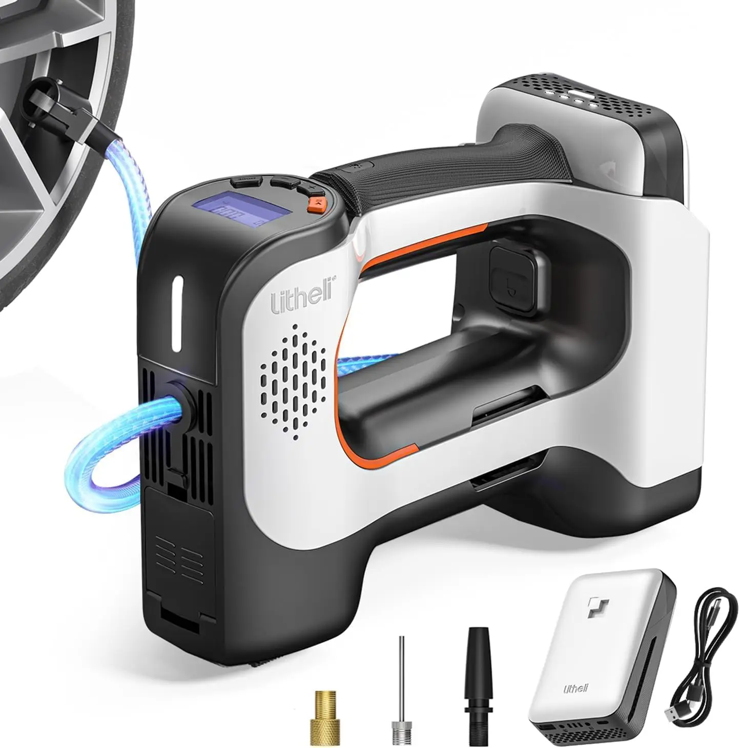 

CordlAir 20V Portable Air Compressor, 150 PSI Tire Pump for Car/Bike/Sports Ball, 3 Nozzles, 2.0 Ah Battery