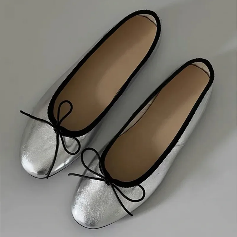 New retro BA elegant silver black edge leather low-cut flat shoes