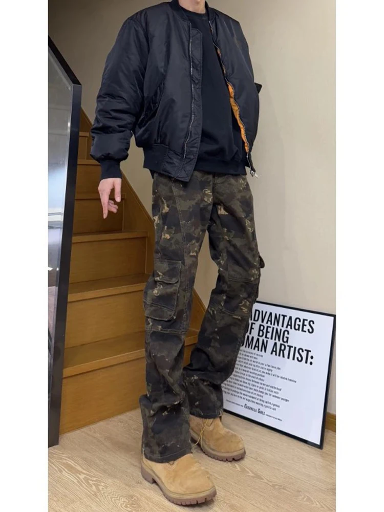 

Vintage Camouflage Jeans Men's Summer American High Street Vibe Workwear Straight Leg Micro Flare Denim Pants Youth Energy Sle