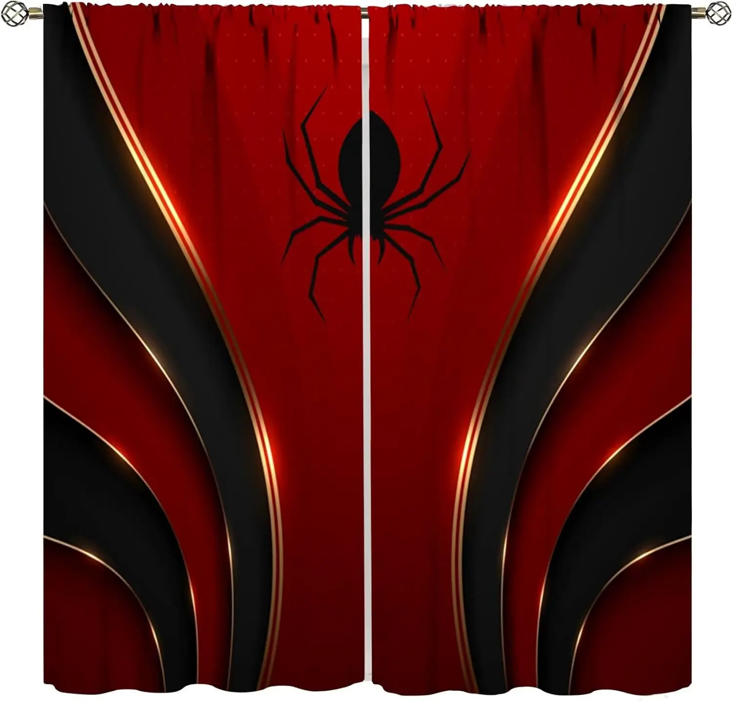 2 Panels Red Black Gold Line Spider Silhouette Blackout Curtains Hero Geometric Drapes Boys Bedroom Game Movie Room Home Decor