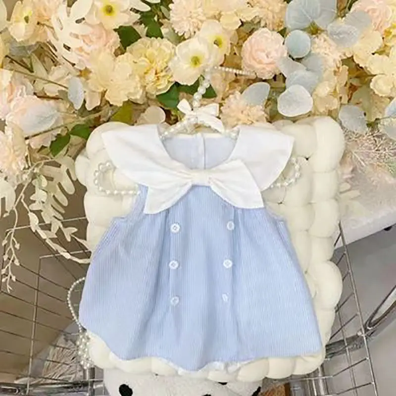 Sleeveless Childrens Clothing 2024 Summer Fashionable Dress Girl Doll Neck Bow Blue Striped Princess Skirt