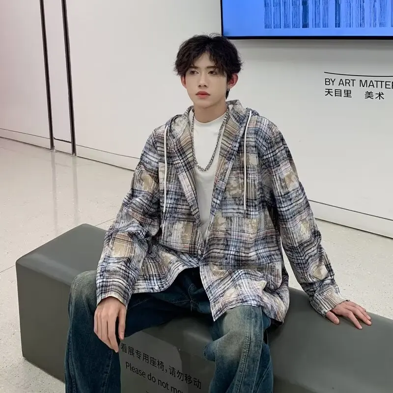 Spring New Vintage Men's Loose Long Sleeved Shirt Tops Korean Fashion Harajuku Tie Dyed Plaid Hooded Shirt Coat Y2K Streetwear