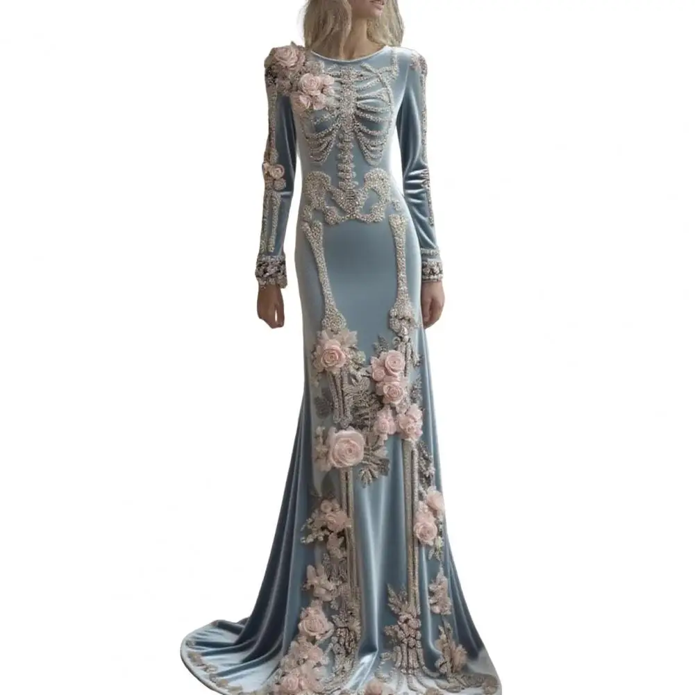 Damen-Maxikleid mit Skelett-Print, Gothic-Langarmkleid mit 3D-Blumendekor, Samt-Blumenkleid für Halloween-Kostümparty
