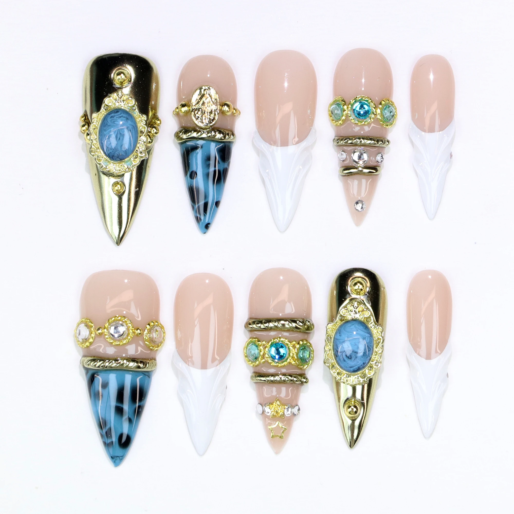 10Pcs 3D Handmade Custom Long Stiletto Press on Nails Glossy Handpainted Y2k Beautiful Nails Suitable for Wedding Events