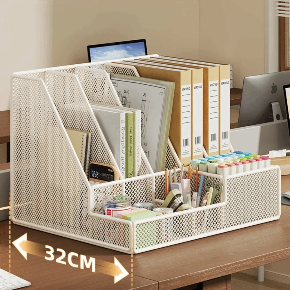with Pen Holder Metal Desktop File Folder 3 Or 4 Slot Space-Saving Standing File Folder Multi-Compartment Organizer
