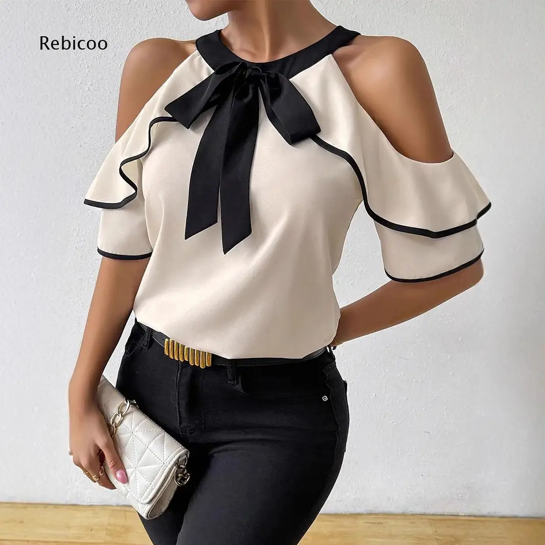 Womens Elegant Cold Shoulder Shirt Bow Tie At Neck Ruffle Sleeve Contrast Binding For Casual Date And Weekend Activities