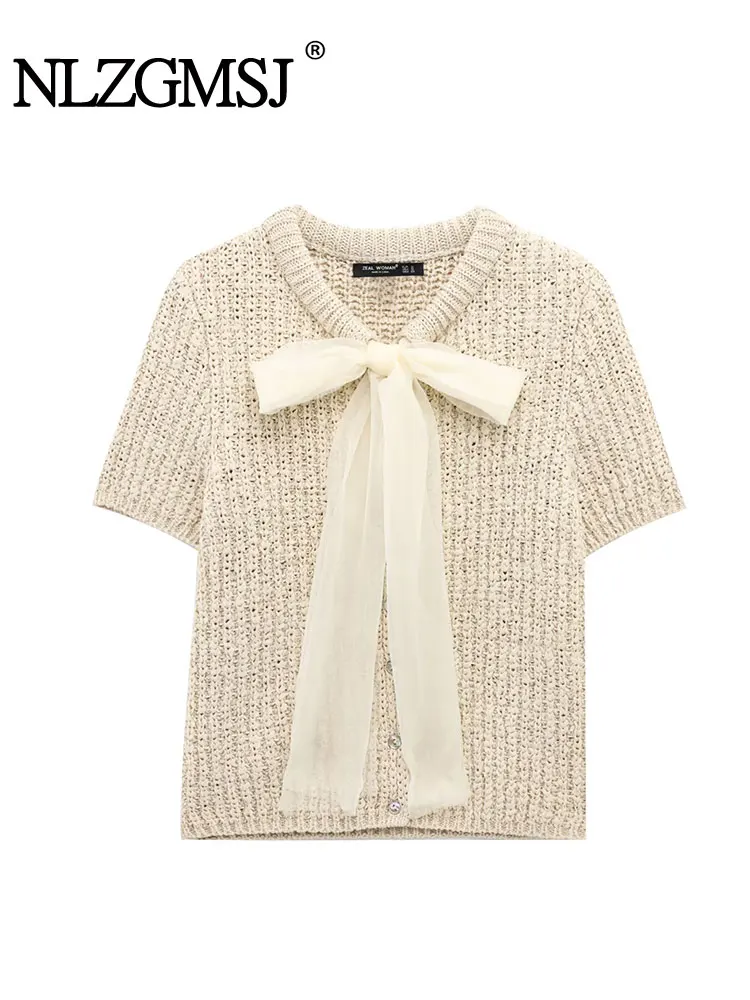 

2025 Spring Women Cropped Sweater Fashion Bow Sweaters Long Sleeve Pullover Ladies Casual Knitwear Top