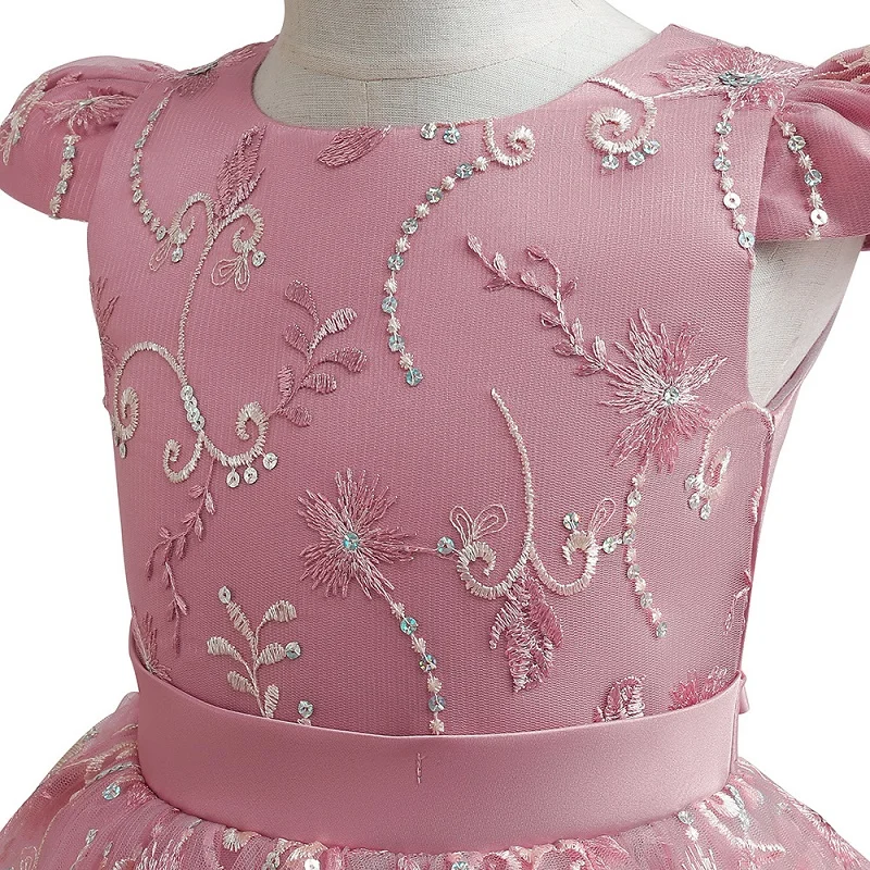 Girls\' Embroidered Applique Princess Dress 5-14 Year Old Little Flying Sleeve Mesh Cake Dress Banquet Host Show Gift Dress