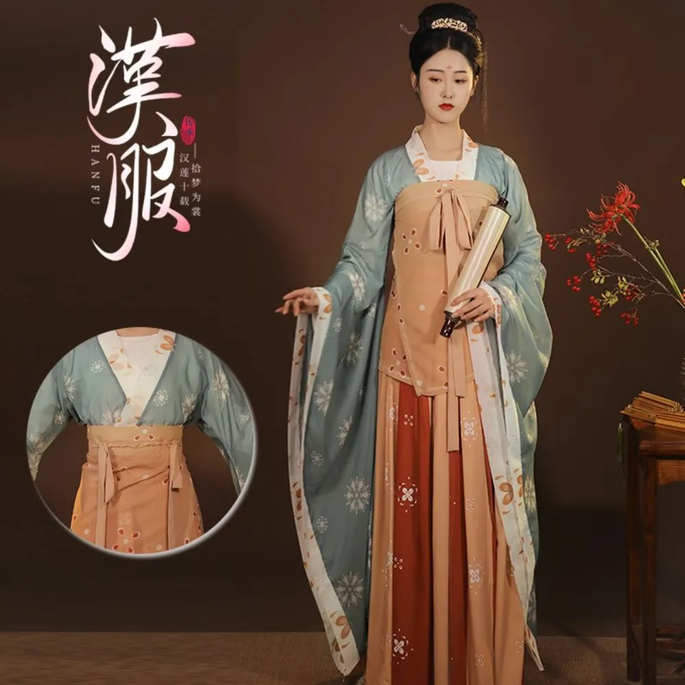 مجموعة Wei-Jin Tang Dynasty Hanfu - أزياء نسائية صينية ذات ياقة متقاطعة معدلة Ruqun Beizi عالية الخصر مكونة من 3 قطع للبالغين