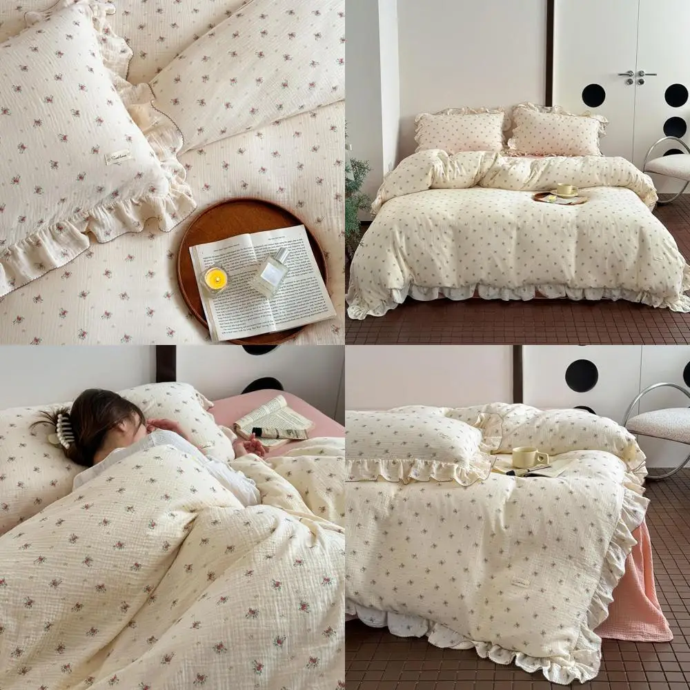 

Twin Size Soft Muslin Cotton Duvet Cover with Pink Pattern for Kids, 2-Layer Ruffled Edge Comforter Cover Set, No Quilt or Pillo