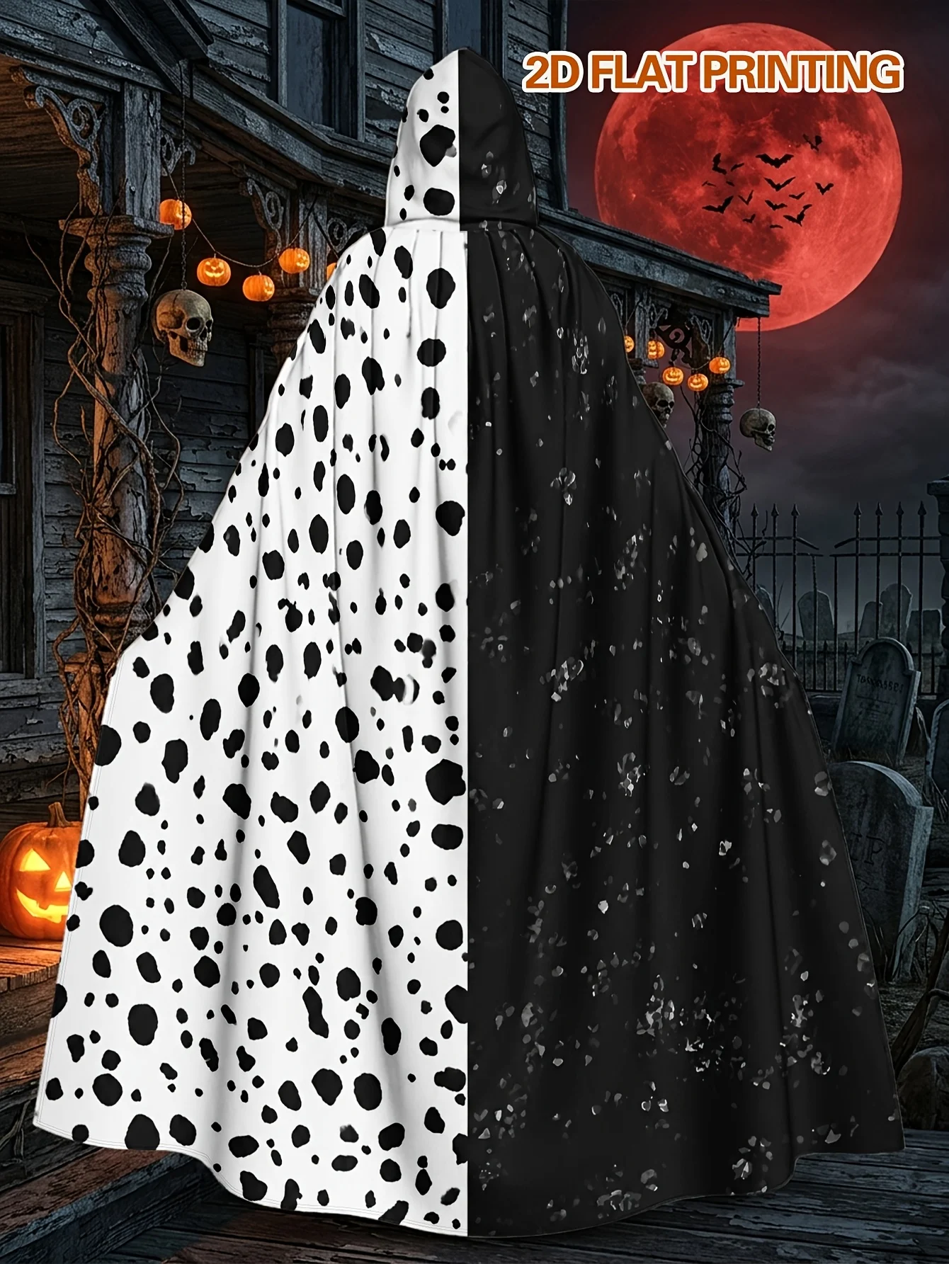 Customization 1pc Polyester Hooded Cloak With Black And White Dot Contrast Pattern, Adult Costume Cape For Halloween Cosplay And