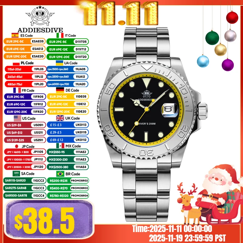 

ADDIESDIVE Men Watch BGW9 Luminous 20Bar Diver Calendar Display 316L Stainless Steel Reloj Hombre Quartz Watch