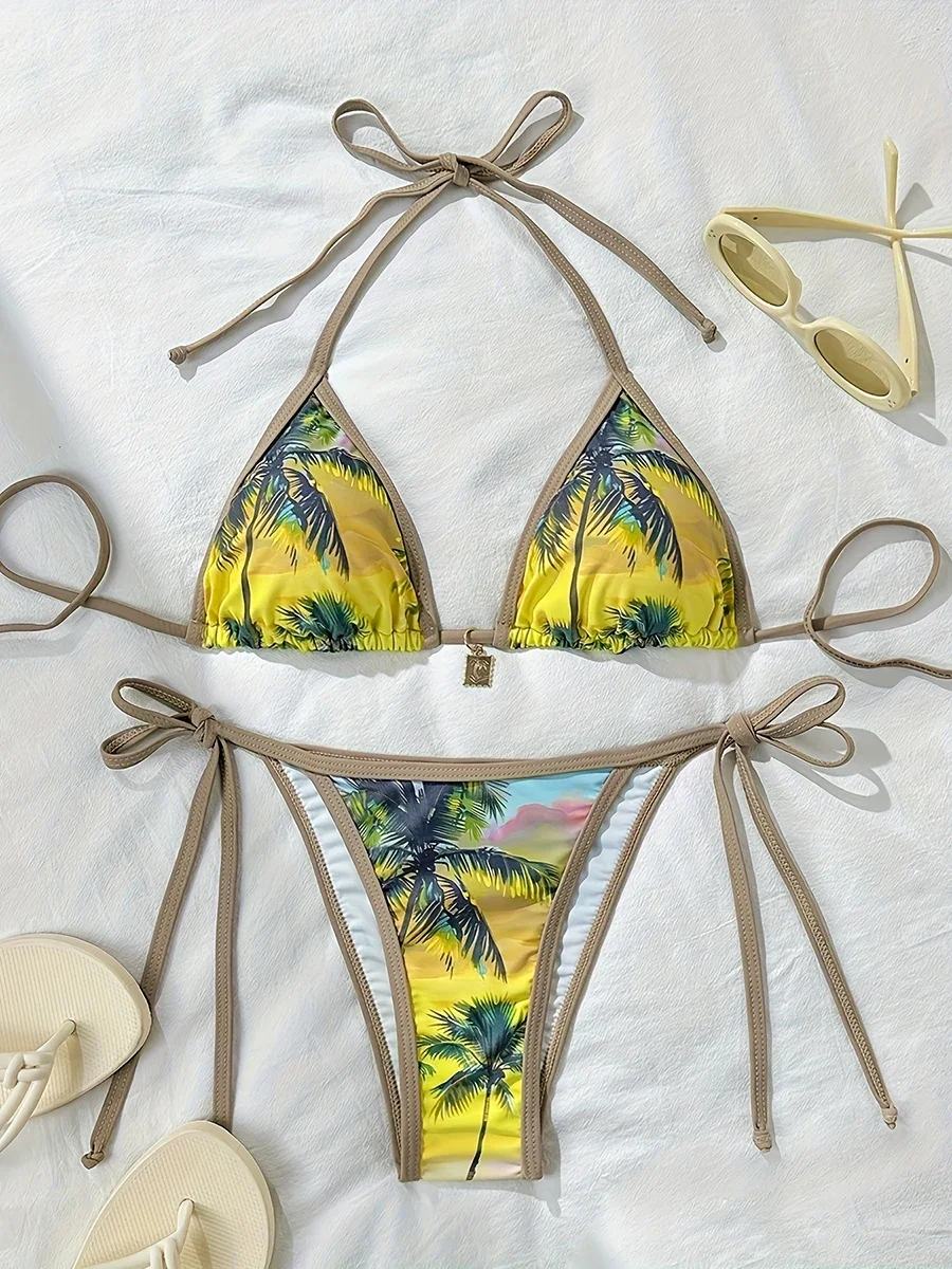 

Бикини 2025 г. Сексуальный женский купальник с эффектом пуш-ап, комплект бикини с принтом, микро-бикини, купальный костюм, купальный костюм, пляжная женская одежда