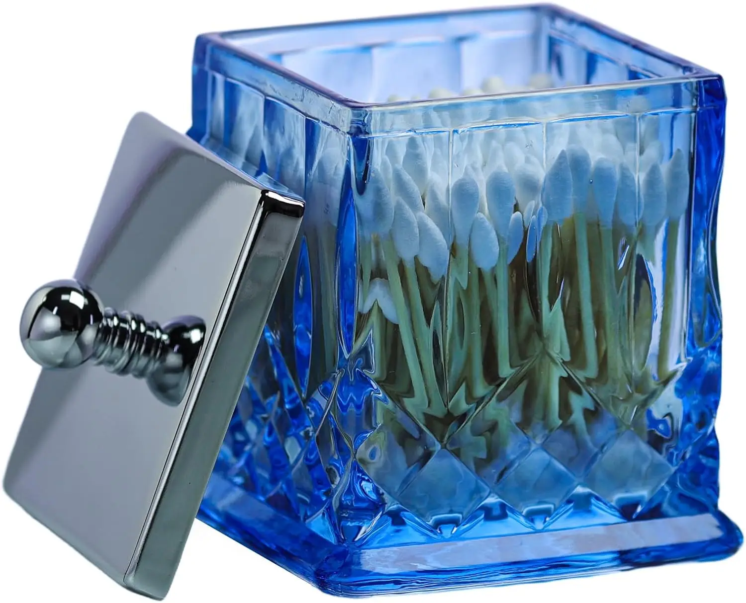 

Blue Glass Apothecary Jar with Silver Lid for Q-Tips, Cotton Rounds, Bathroom Storage & Desk Organizer