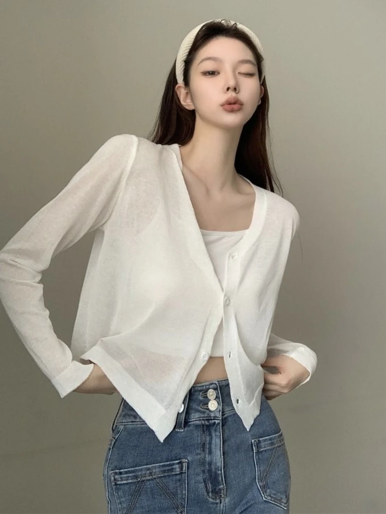 Cardigan Women Sunscreen Breathable Stylish V-neck Transparent Sun-proof Summer Solid All-match College Daily Mujer Thin Casual