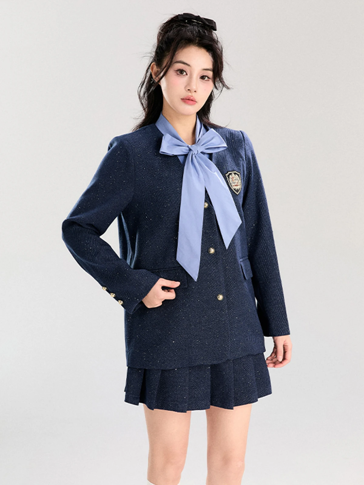

Spring 2025 FanTu Academy Style Faux Two-Piece Set with Coat And Pleated Skirt Long Sleeve Button up Women's Fashion Ensemble