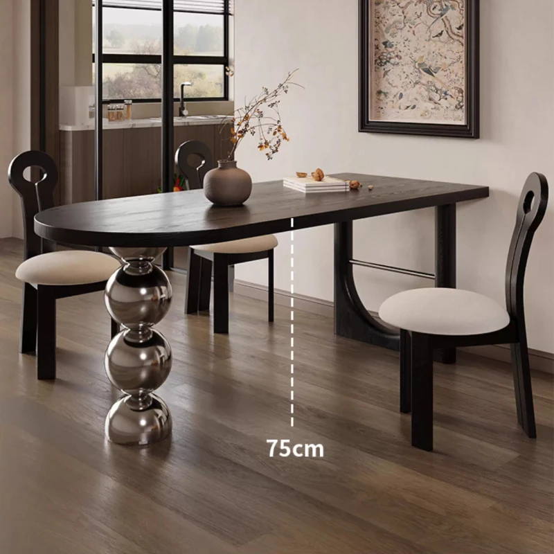 French Bauhaus Mid-Century Solid Wood Dining Table Oval/Semi-Circle Table with Metal Ball Base Vintage Home Furniture