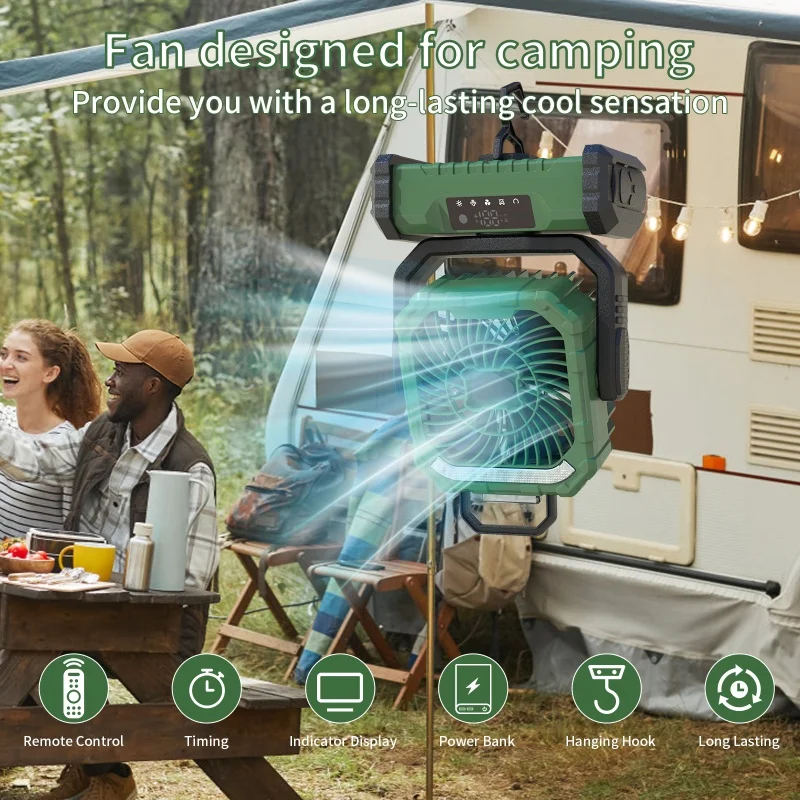 مروحة تخييم محمولة مع ضوء LED وخطاف - مروحة خارجية مناسبة لموقع بناء انقطاع التيار الكهربائي للسفر في السيارة #2