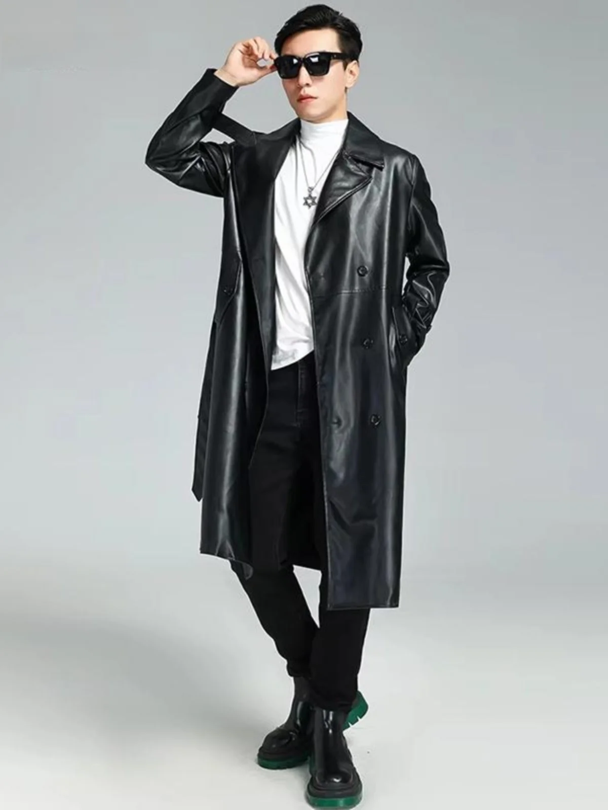 Nerazzurri Men's Long PU Leather Jacket Double Row Buttons Loose Casual Fashion Trendy Leather Windbreaker Black Leather Coat