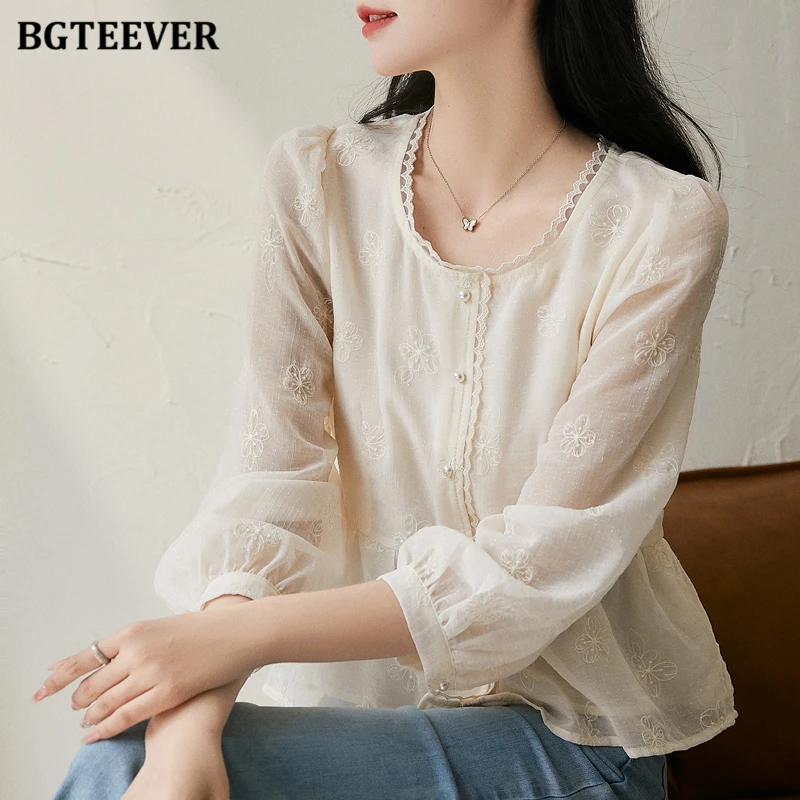 BGTEEVER Chic Vintage Long Sleeve Female Lace Shirts Autumn Elegant Single-brasted Loose Women Embroidery Printed Blouses