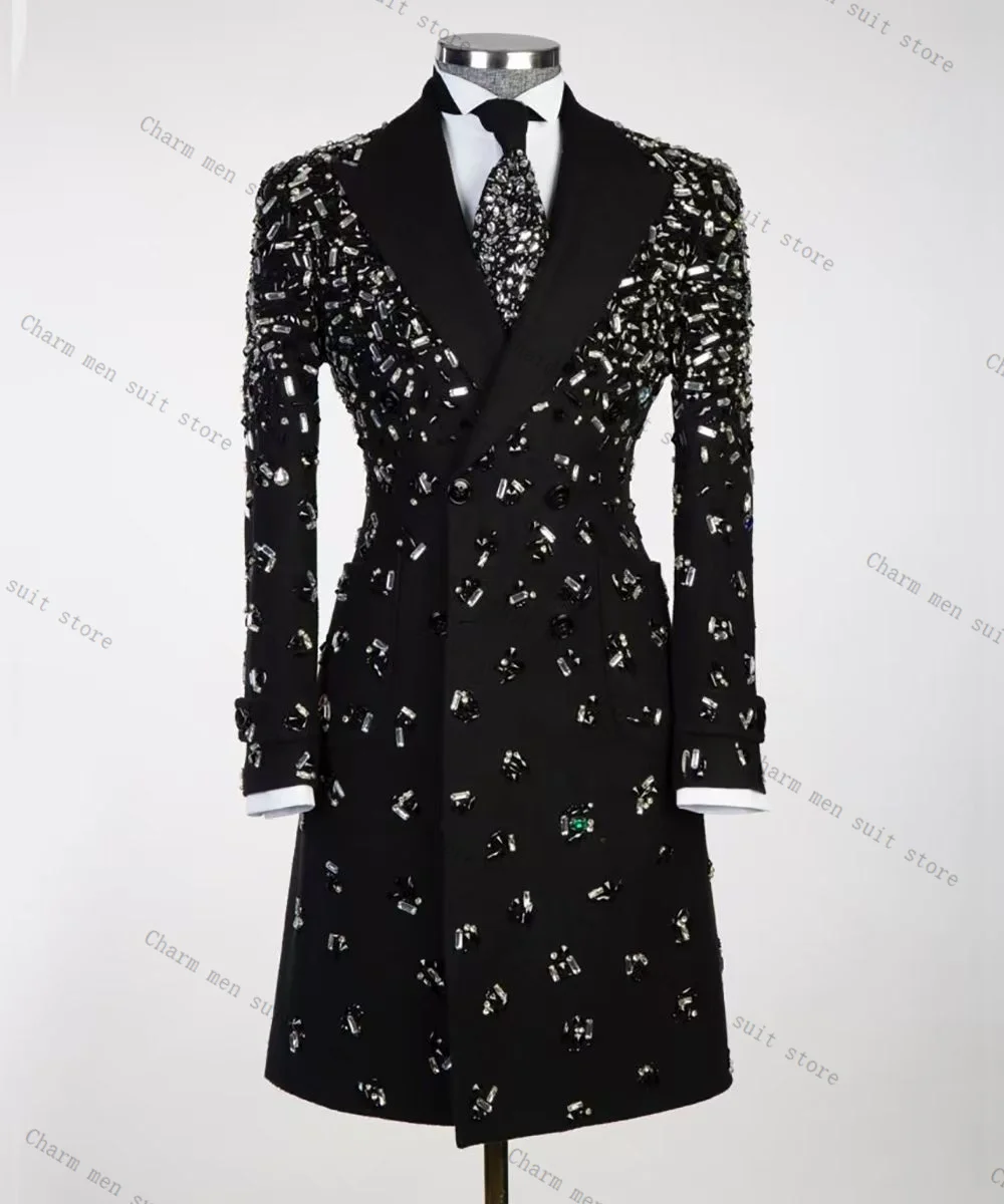

Crystals Black Men Suits 1 Pcs Long Blazer Cotton Wedding Tuxedos Cotton Formal Office Customized Prom Dress Jacket Overcoat