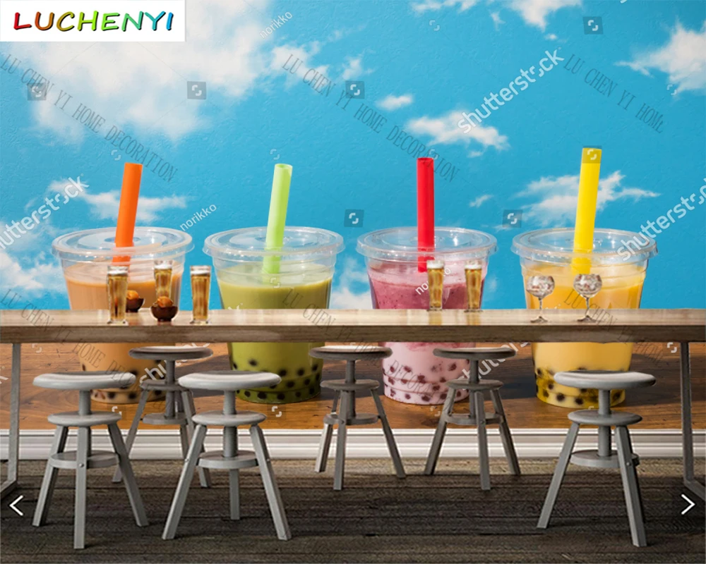 Custom bule sky colorful bubble tea mural wallpaper restaurant drinking shop kitchen dining room wall papers home decor sticker