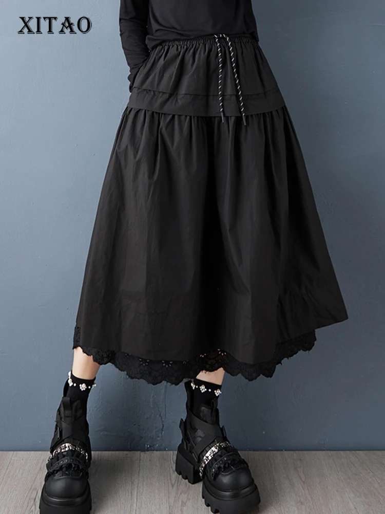

XITAO Patchwork Lace A-line Female Skirt Casual 2025 Autumn New Arrival Solid Color Elastic Waist Loose Women Skirt GJ1250
