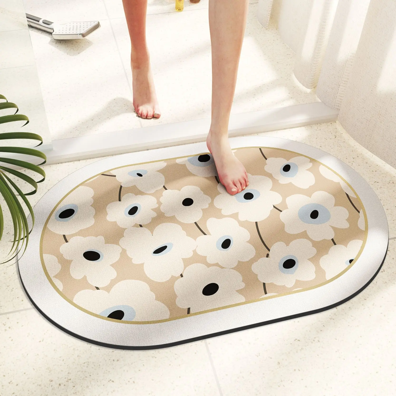 Absorbent Diatomaceous Earth Bath Mats Bouquet Patern Oval Quick Dry Washable Bathroom Rugs Rubber Non Slip Backed Semicircle