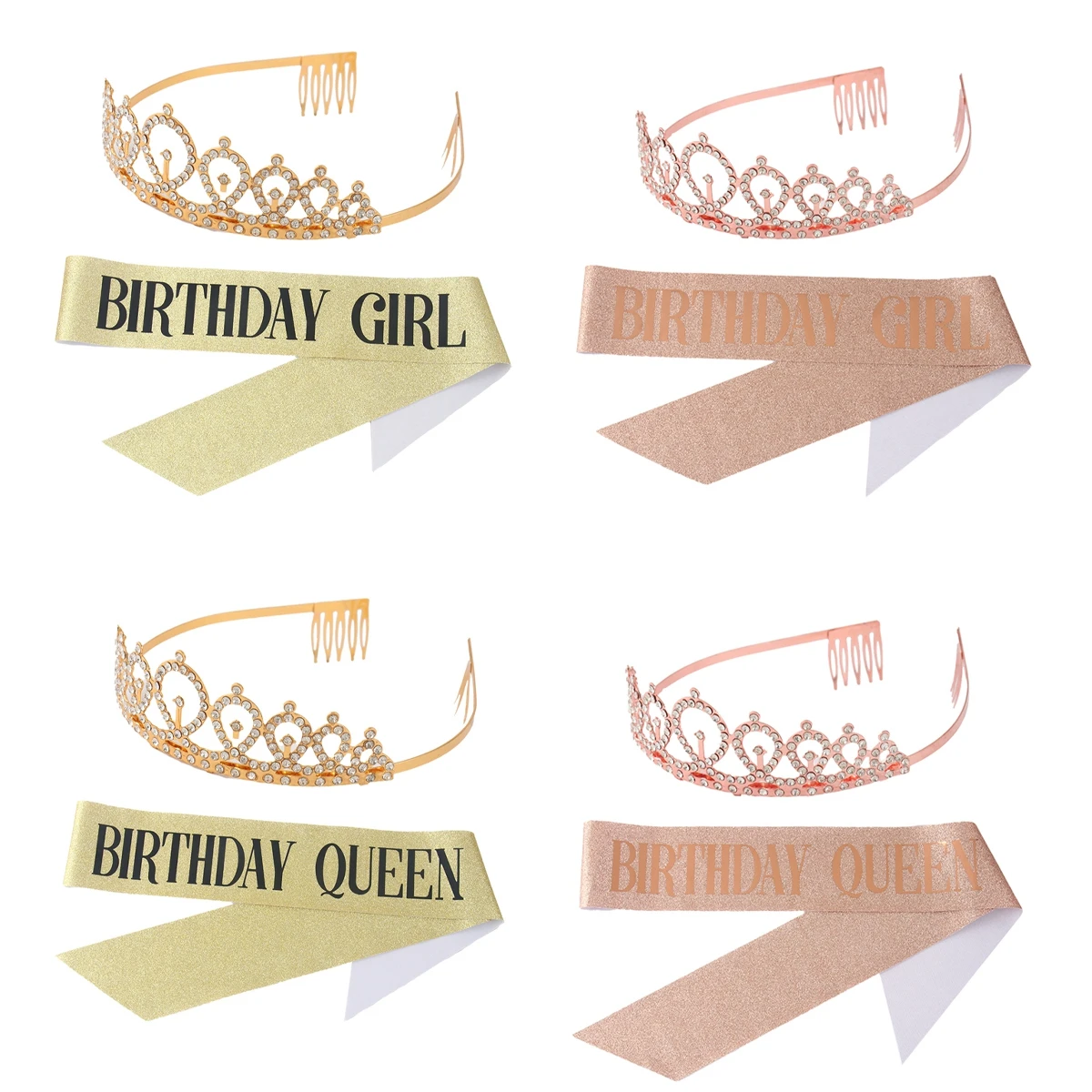 

Gold Rhinestone Crystal Birthday Crown Tiara 18 30 40 50 Birthday Decoration Girl Women Birthday Party Queen Satin Sash Decor