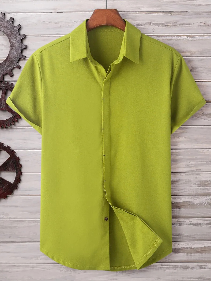 

Mens Short Sleeve Button Up Shirt With Curved Hem Casual Shirt