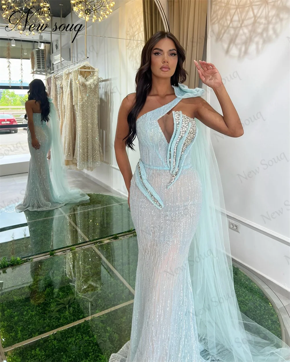 Mint Green One Shoulder Cocktail Dresses Haute Coutures Beaded Sequins Celebrity Prom Dress Vestidos De Gala Party Evening Dress