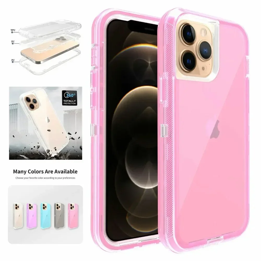 for iPhone 17e 16 15 14 Plus 13 12 11 Pro Max SE2 SE3 3-in-1 Hard Cover Luxury Armor Transparent Shockproof Defender Phone Case