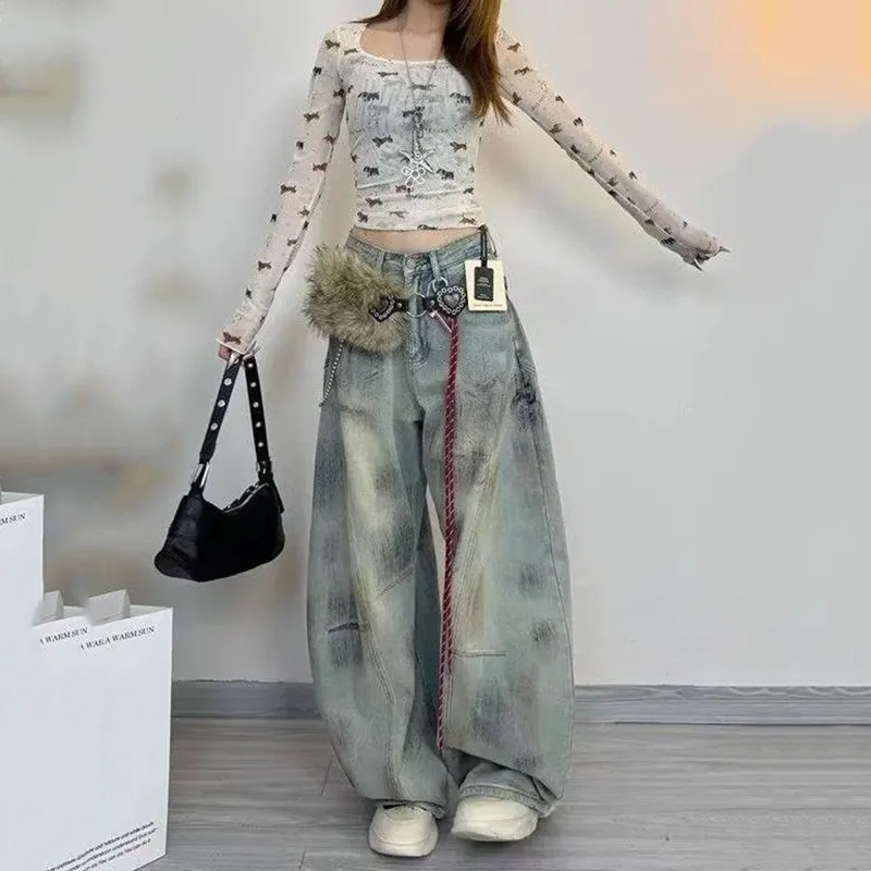 

Женские широкие джинсы-клеш в американском стиле с высокой талией, прямые, осенние, с эффектом потертости, из денима, с изогнутым кроем