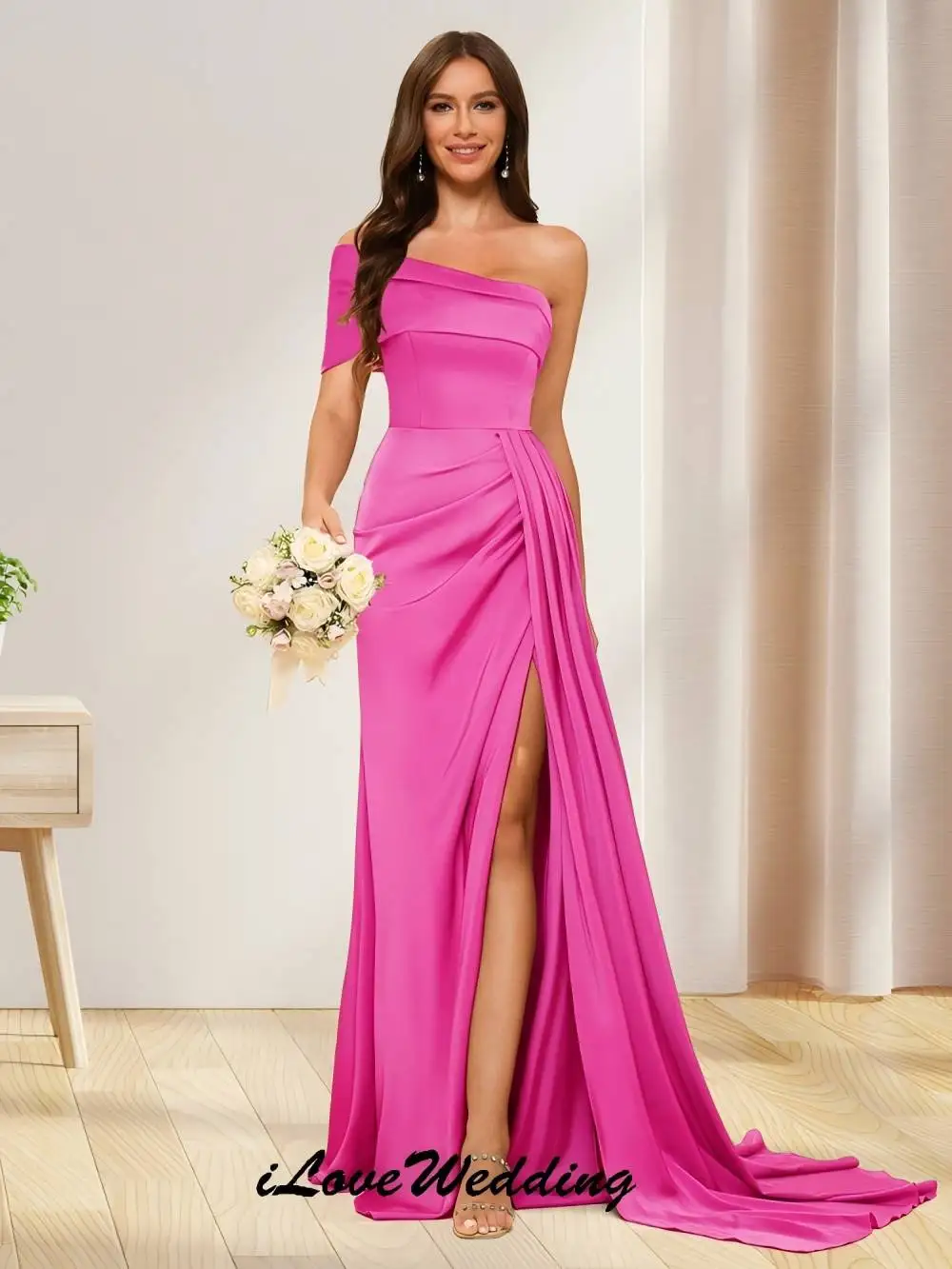 

Beshinel Customized Pink Satin One Shoulder Bridesmaid Dresses 2025 Pleated Side Split Mermaid Slim Wedding Guest Party Gowns