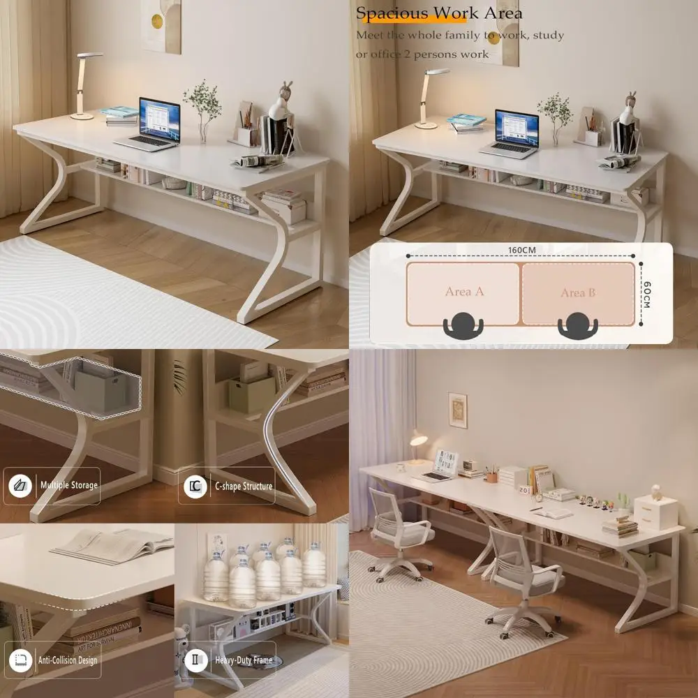 

63 Dual Surface Desk with Bookshelf - 2-Person Modern Home Office Workstation Desk for Study & Computer Use
