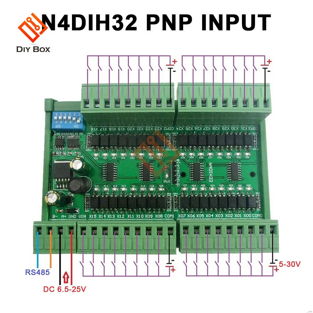 32CH PNP NPN Isolated Digital Input RS485 Modbus Rtu Controller DC 12V 24V PLC Switch Quantity Acquisition Board