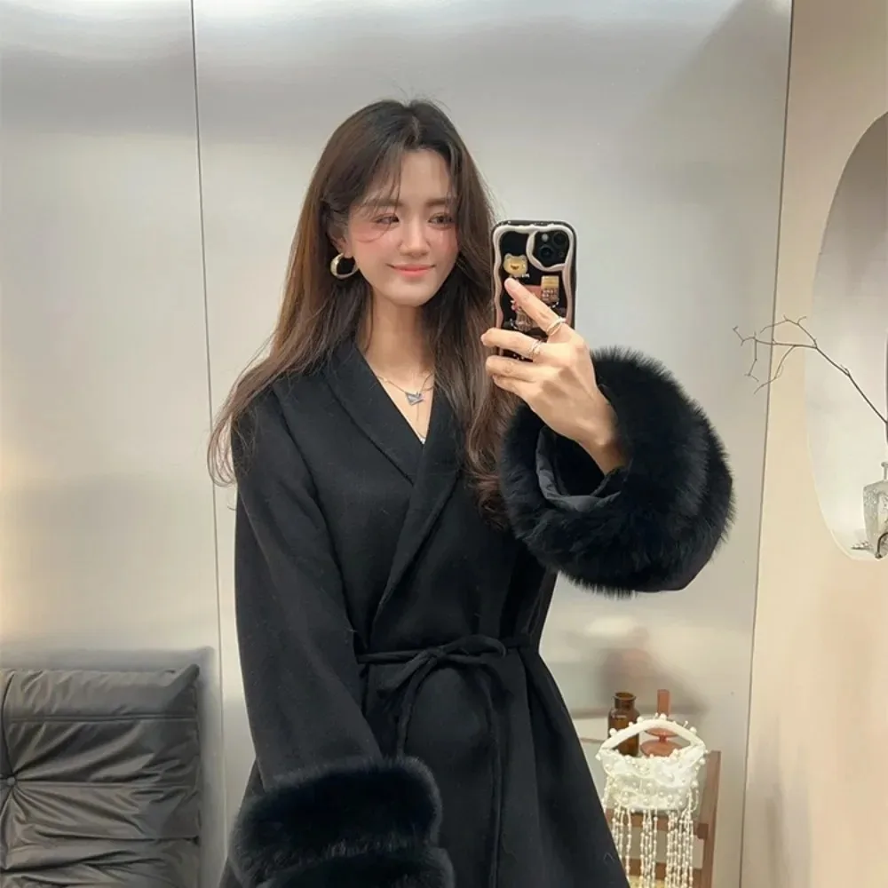 OFTBUY Real Fur Jacket Women Patchwork Fashion Furry Bandage Outwear Clothing Long Sleeve Spring Autumn Temperament Wool Coat