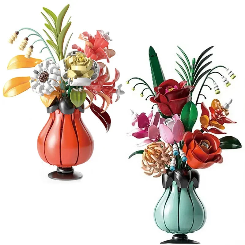 Rose Sunflower Tulip Building Blocks Flower Bouquet Vase Model Bricks Set Home Decoration Kids Educational Toys Holiday Gifts