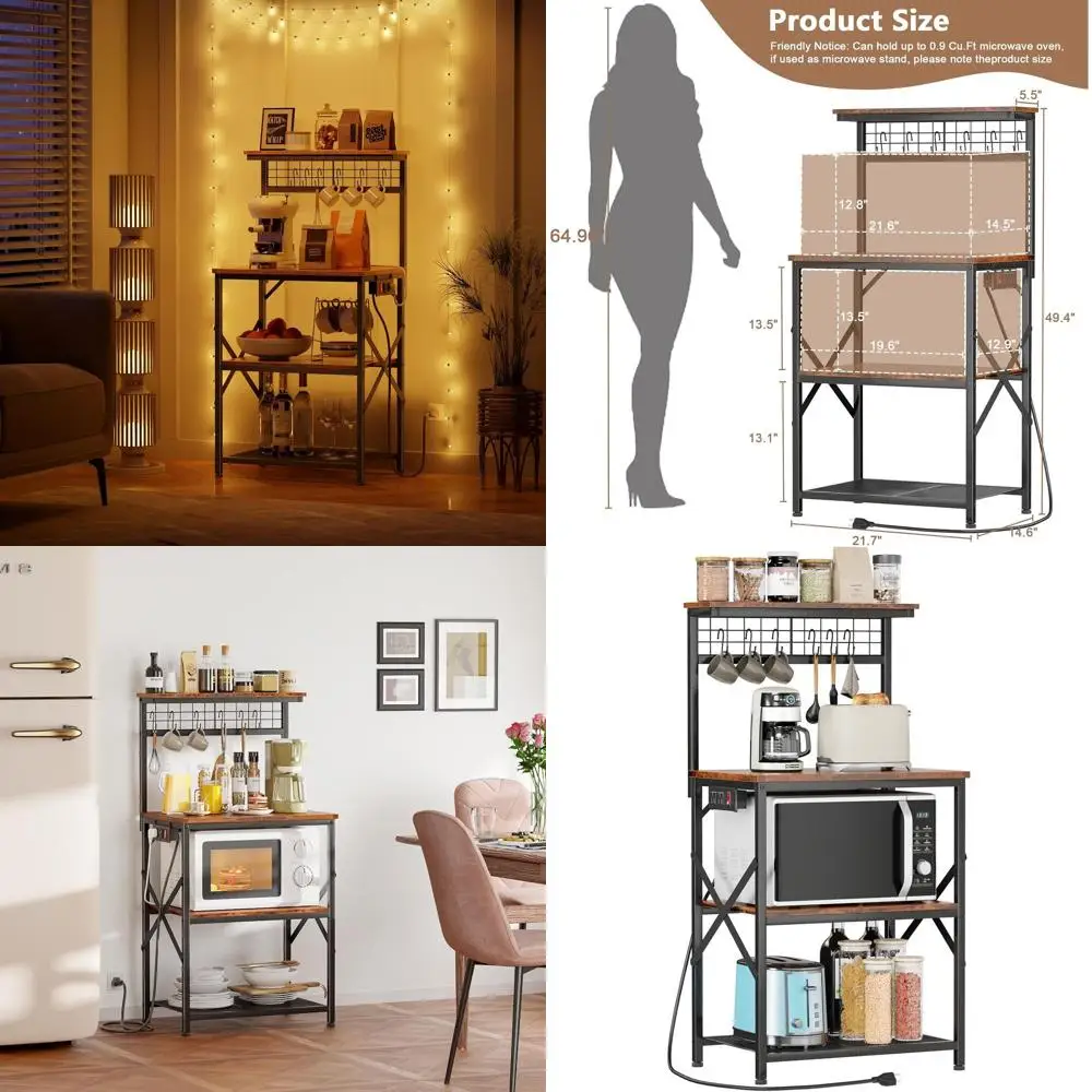 

4-Tier Microwave Stand with Power Outlet and Storage, Rustic Brown Kitchen Baker's Rack with 6 S Hooks for Coffee Bar and Spices