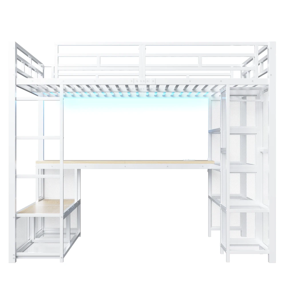 140 x 200 cm großes Hochbett aus Metall mit Stauraum und offenem Kleiderschrank, Kinderzimmerbett mit USB-Anschluss und LED-Beleuchtung, Schwarz/Weiß – Detail 30