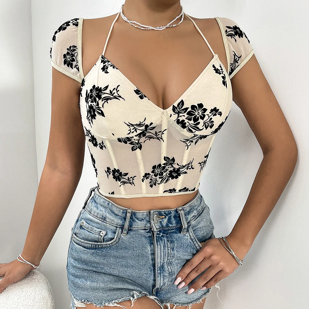 Print Fishbone Cropped Top Women\'s Corset Tank Tops Summer Sexy Short Sleeve Bustier Female Slim Shaper Streetwear Camis T-shirt