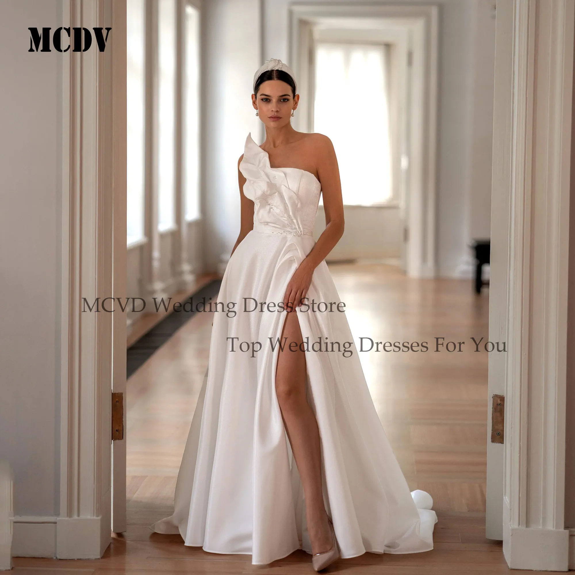 

MCDV Sexy Bride Gowns Sleeveless Beading Strapless A-Line Satin Elegant Wedding Dresses 2025 Side Split Customized Bride Dress